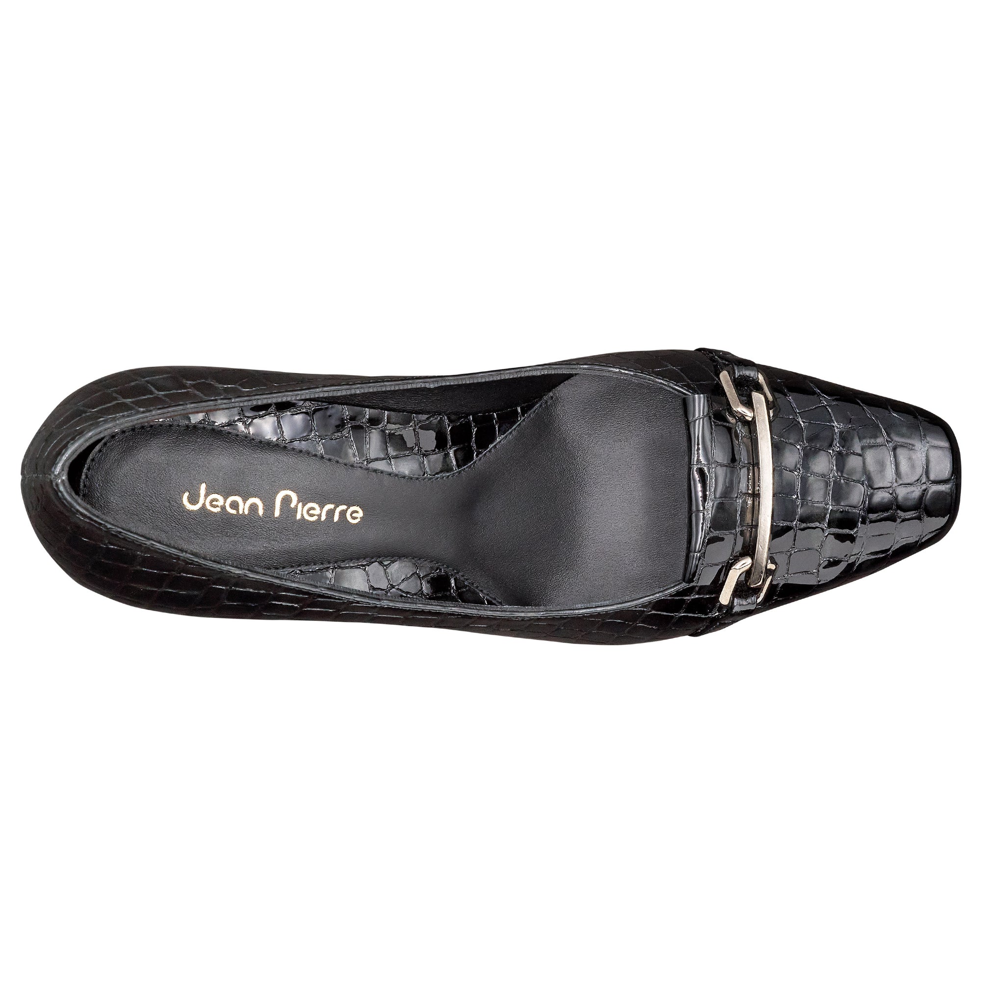 Zapatillas de charol grabado con tacón y herraje metálica para dama
