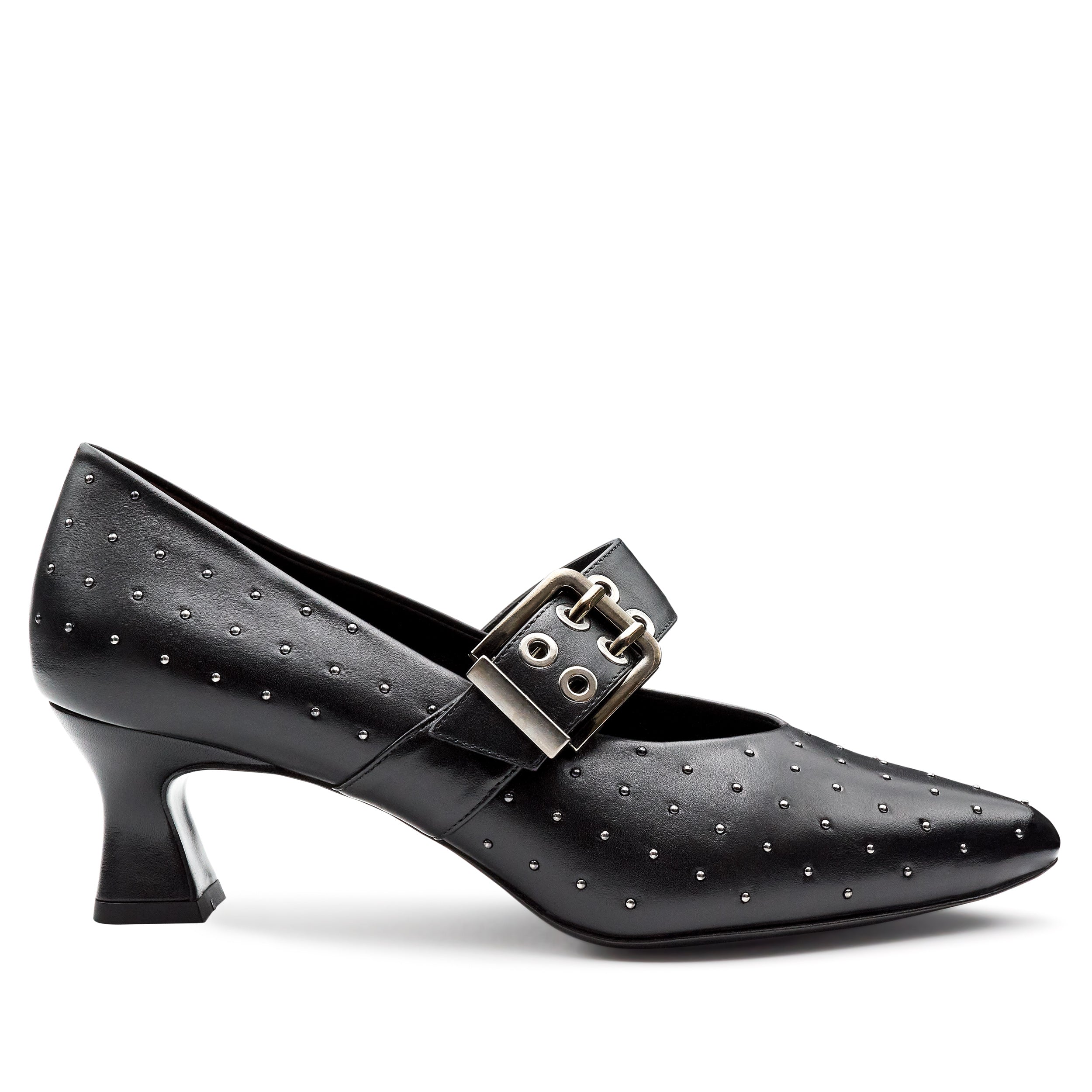 Zapatillas de piel con aplicaciones en puntos metálicos y correa ancha ajustable para dama