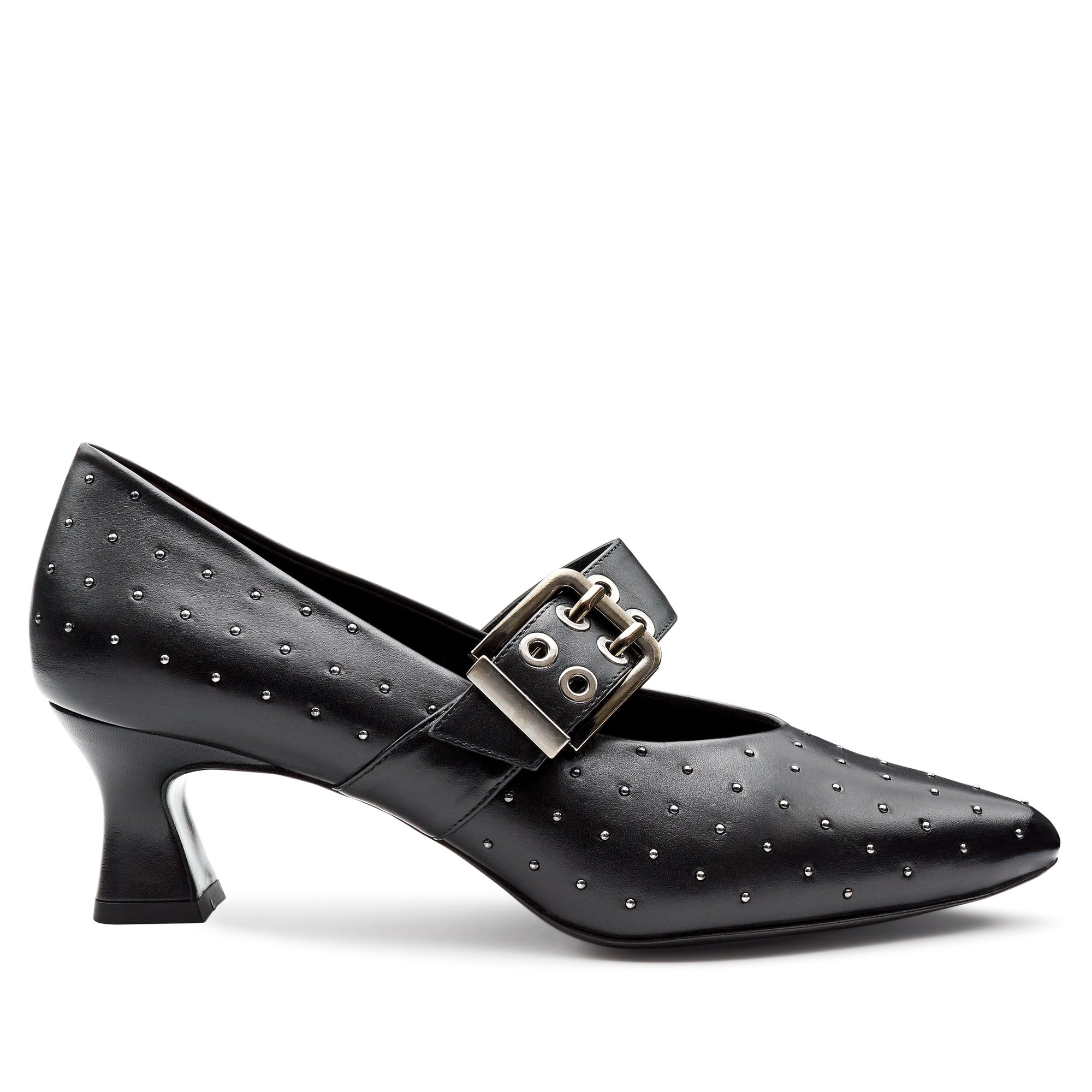 Zapatillas de piel con aplicaciones en puntos metálicos y correa ancha ajustable para dama