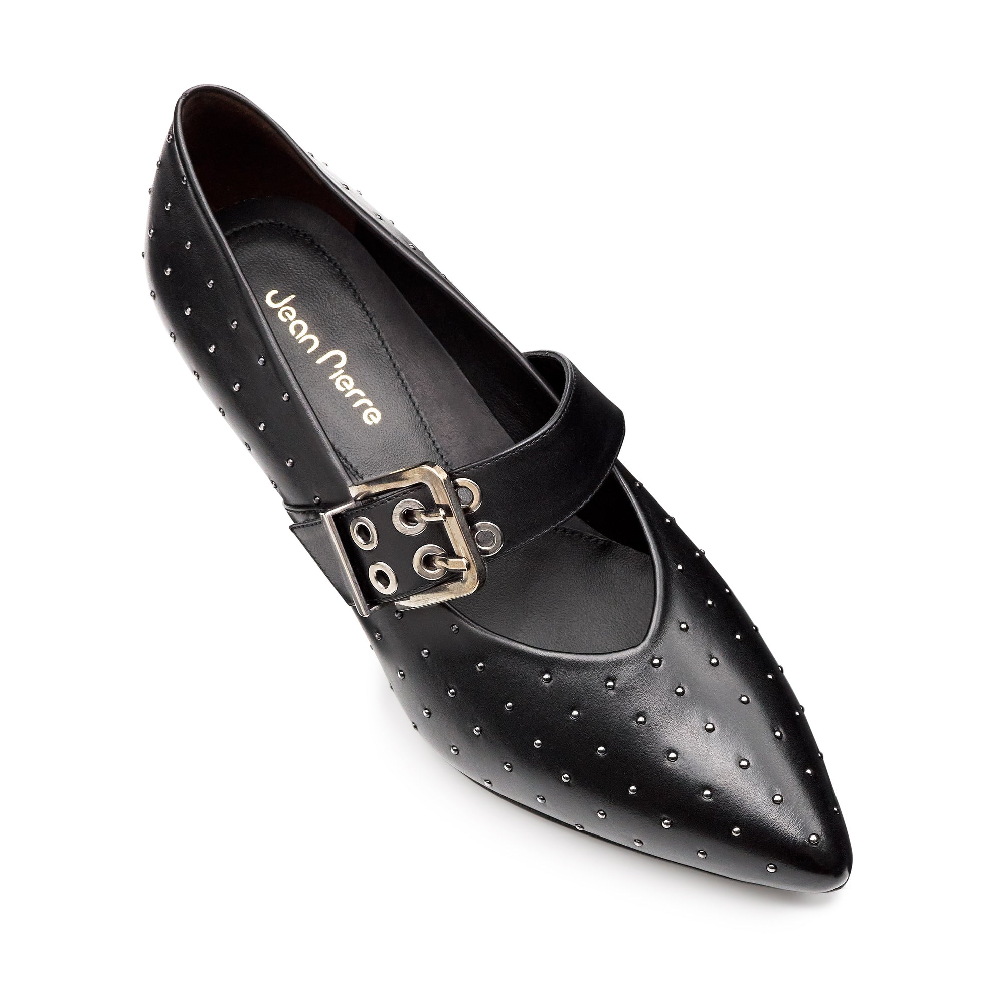 Zapatillas de piel con aplicaciones en puntos metálicos y correa ancha ajustable para dama