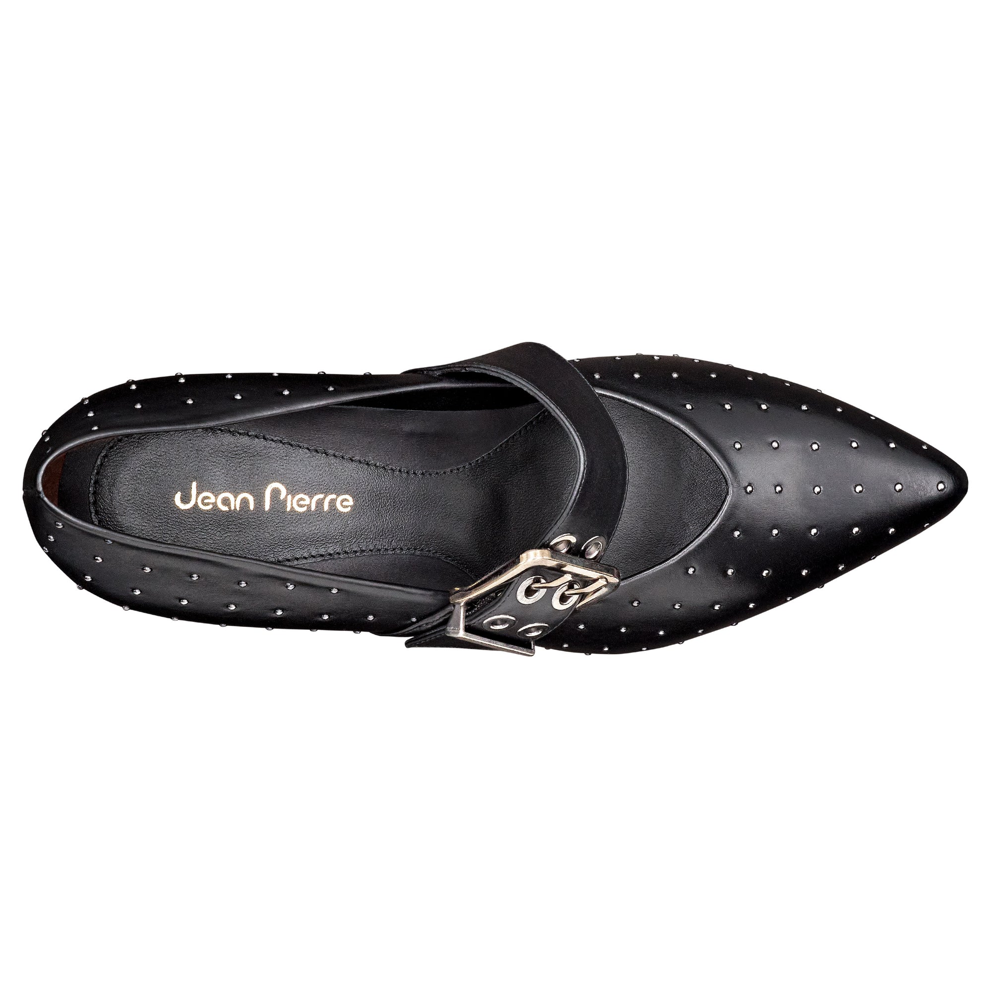 Zapatillas de piel con aplicaciones en puntos metálicos y correa ancha ajustable para dama