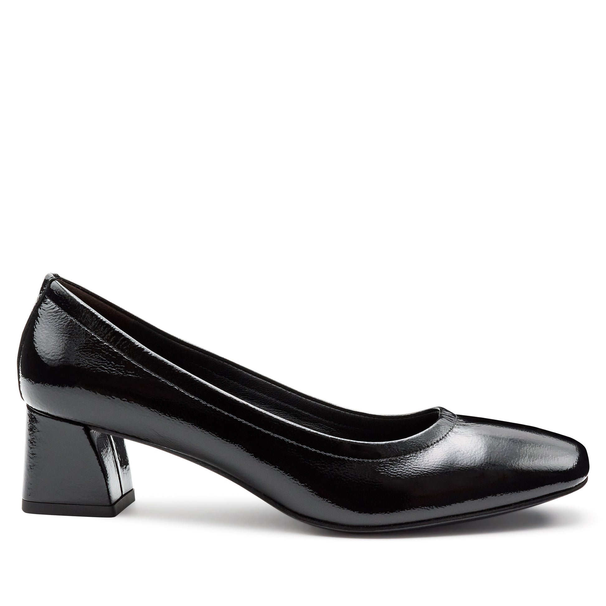 Zapatillas de charol con tacón bajo y elástico para dama