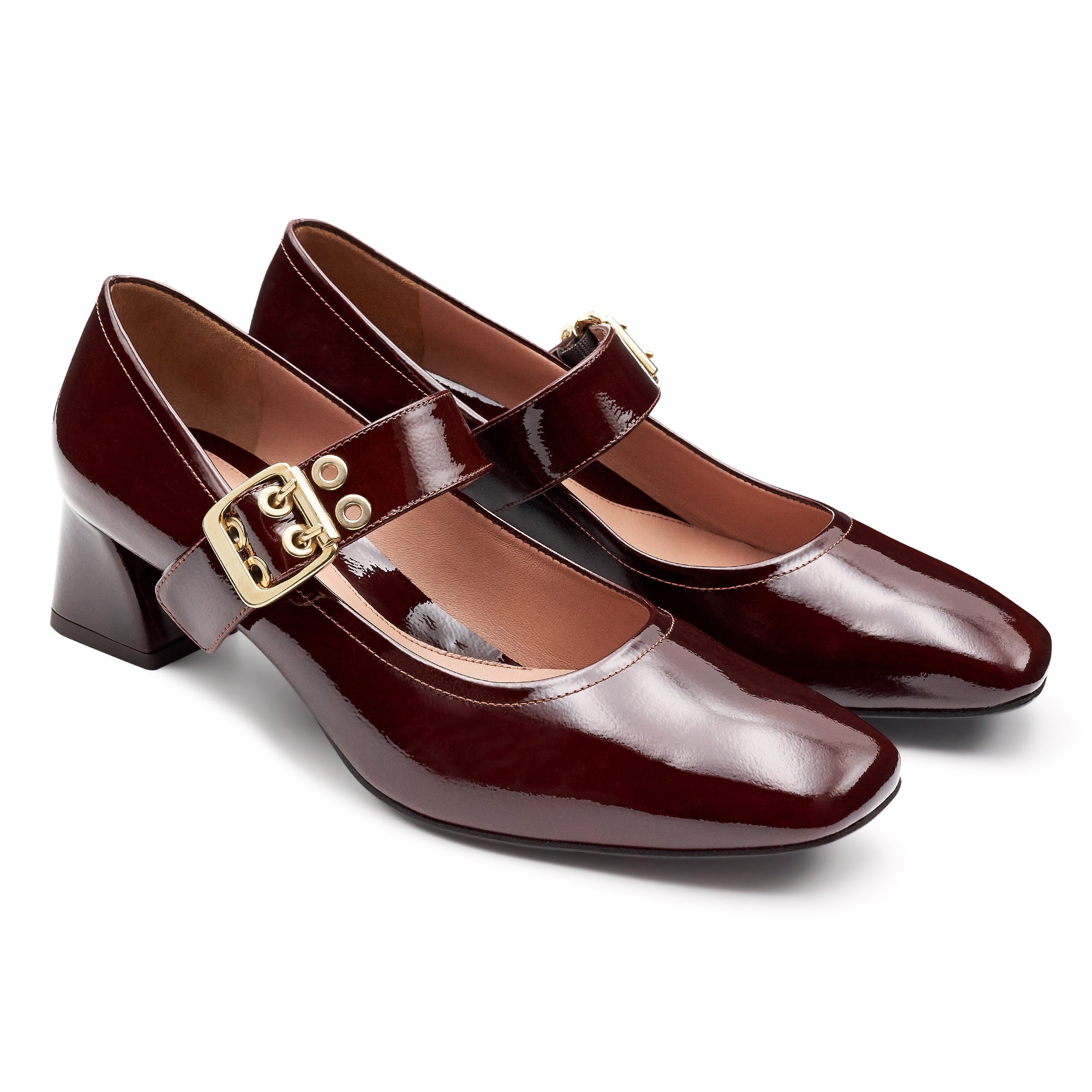 Zapatillas de piel con correa ancha ajustable y tacón bajo para dama brandy