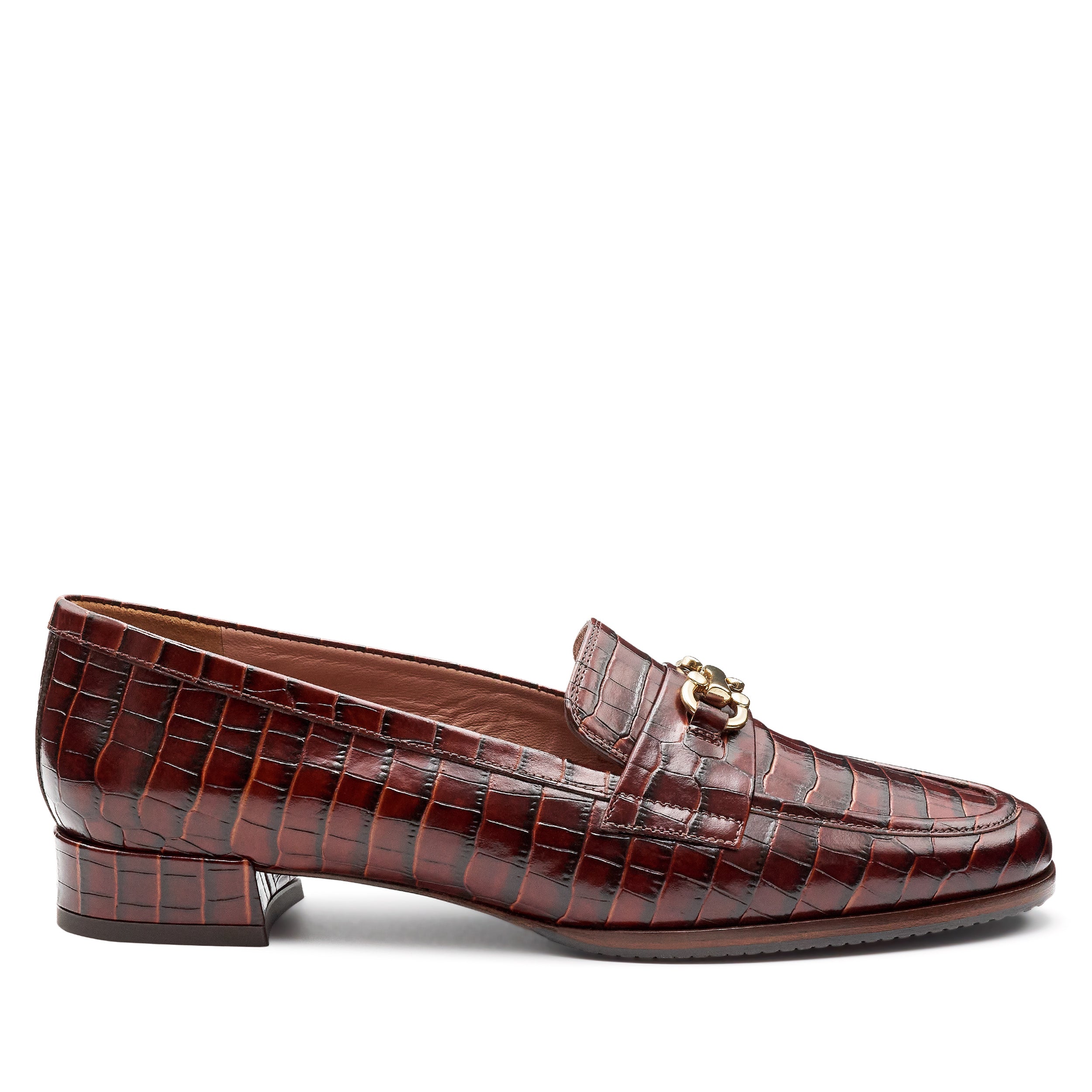 Mocasines de piel café y hebilla metálica para dama