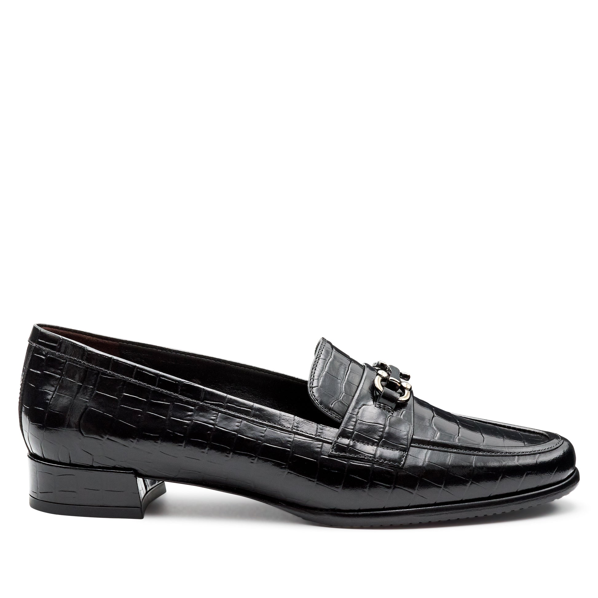 Mocasines de piel con grabado y hebilla metálica para dama