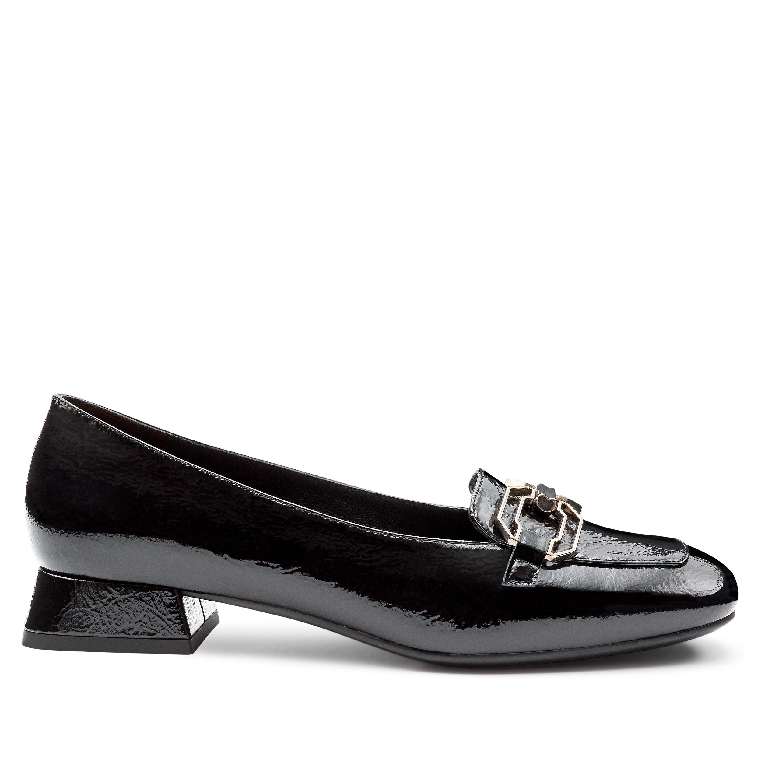Zapatillas de charol con tacón bajo y herraje metálico para dama