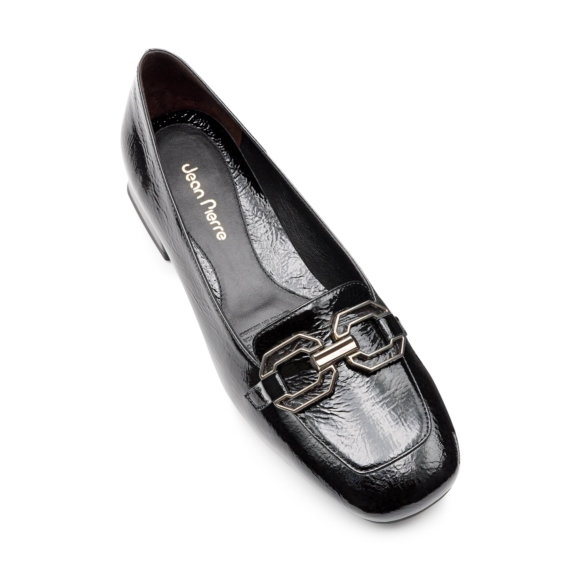 Zapatillas de charol con tacón bajo y herraje metálico para dama