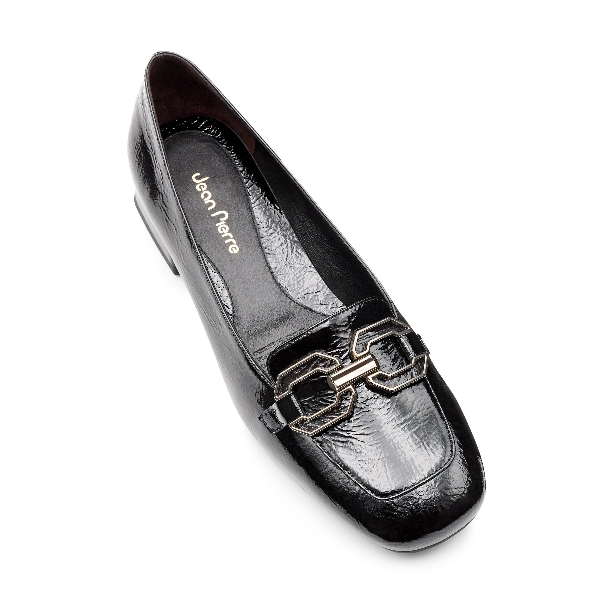 Zapatillas de charol con tacón bajo y herraje metálico para dama