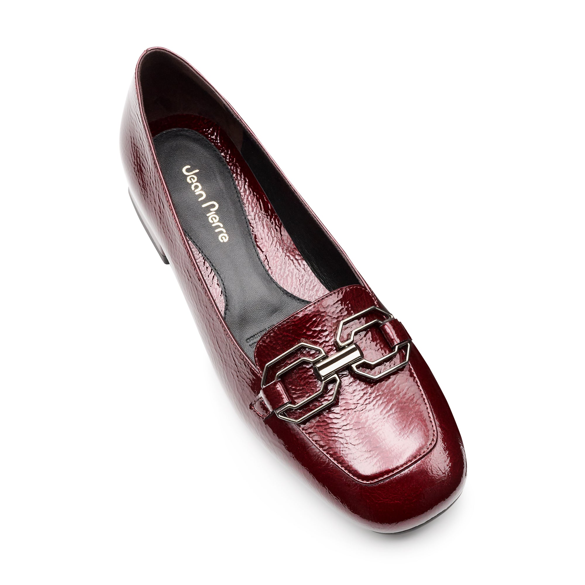 Zapatillas de charol con tacón bajo y herraje metálico para dama