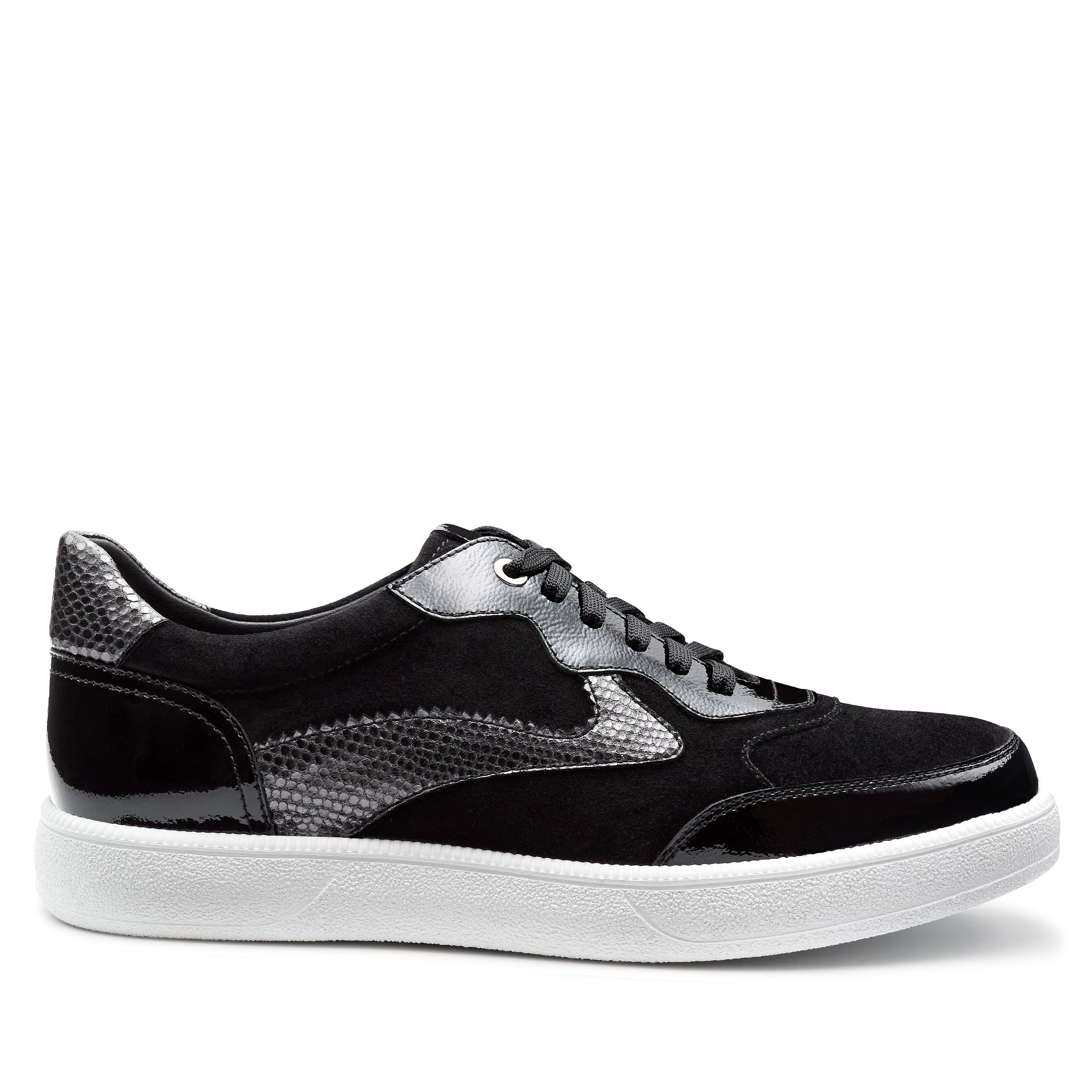 Tenis casuales de charol y gamuza color negro para dama