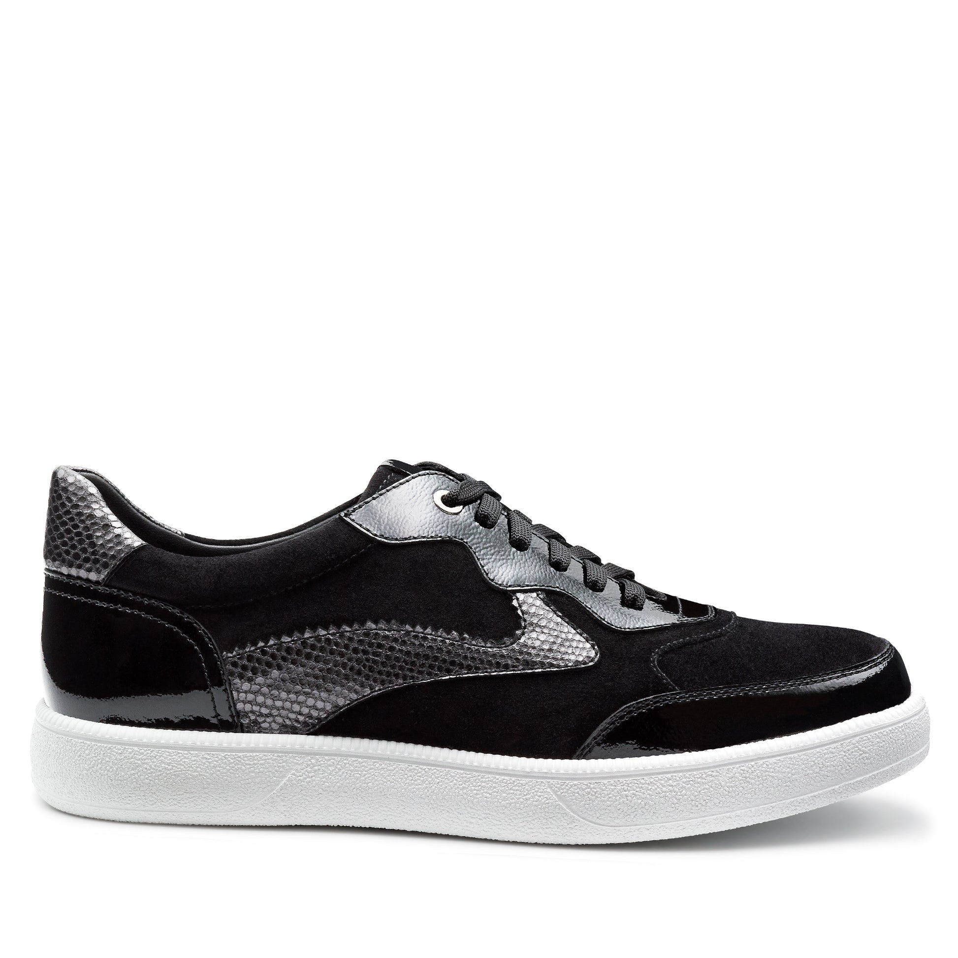 Tenis casuales de charol y gamuza color negro para dama