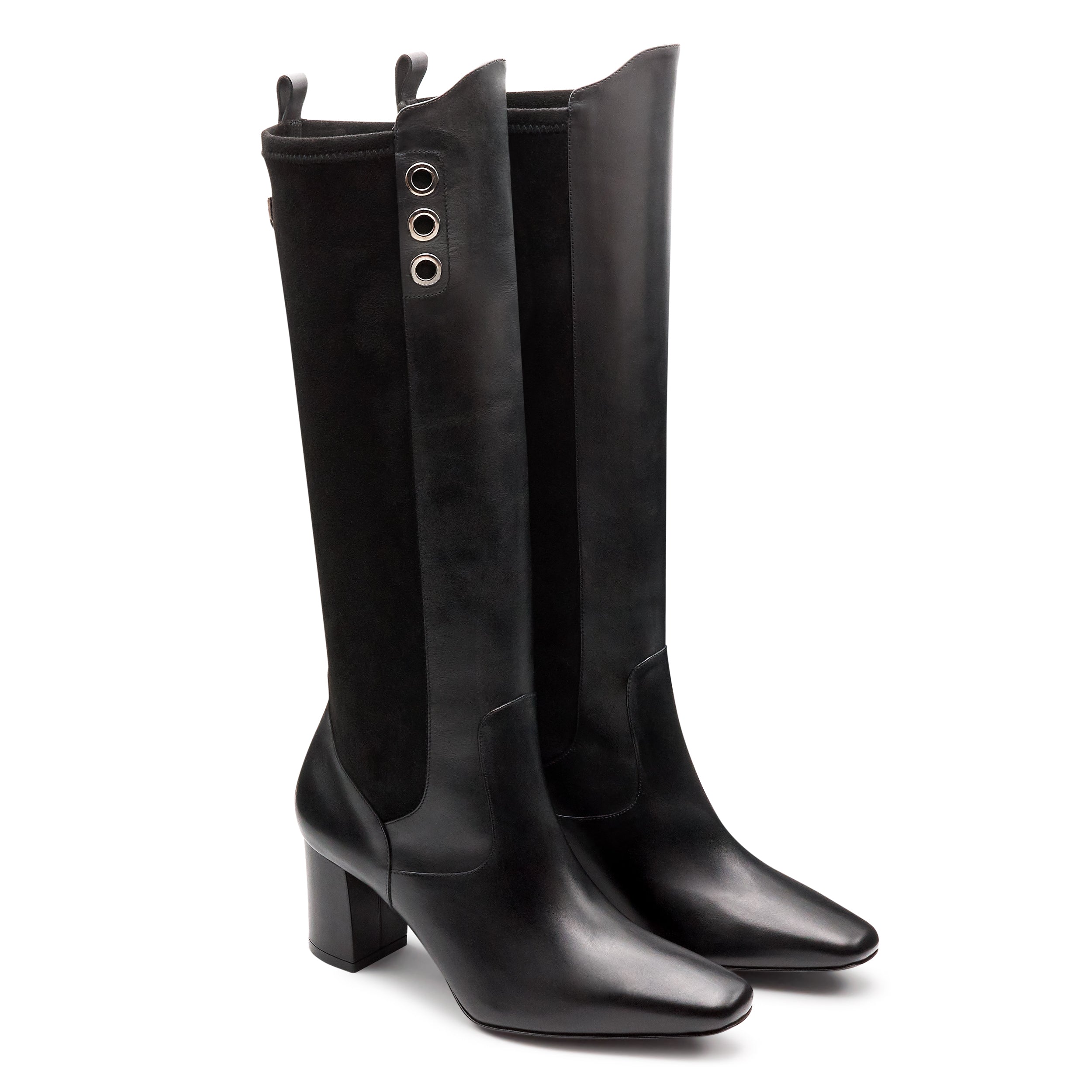 Botas altas de piel y gamuza con punta semi cuadrada para dama