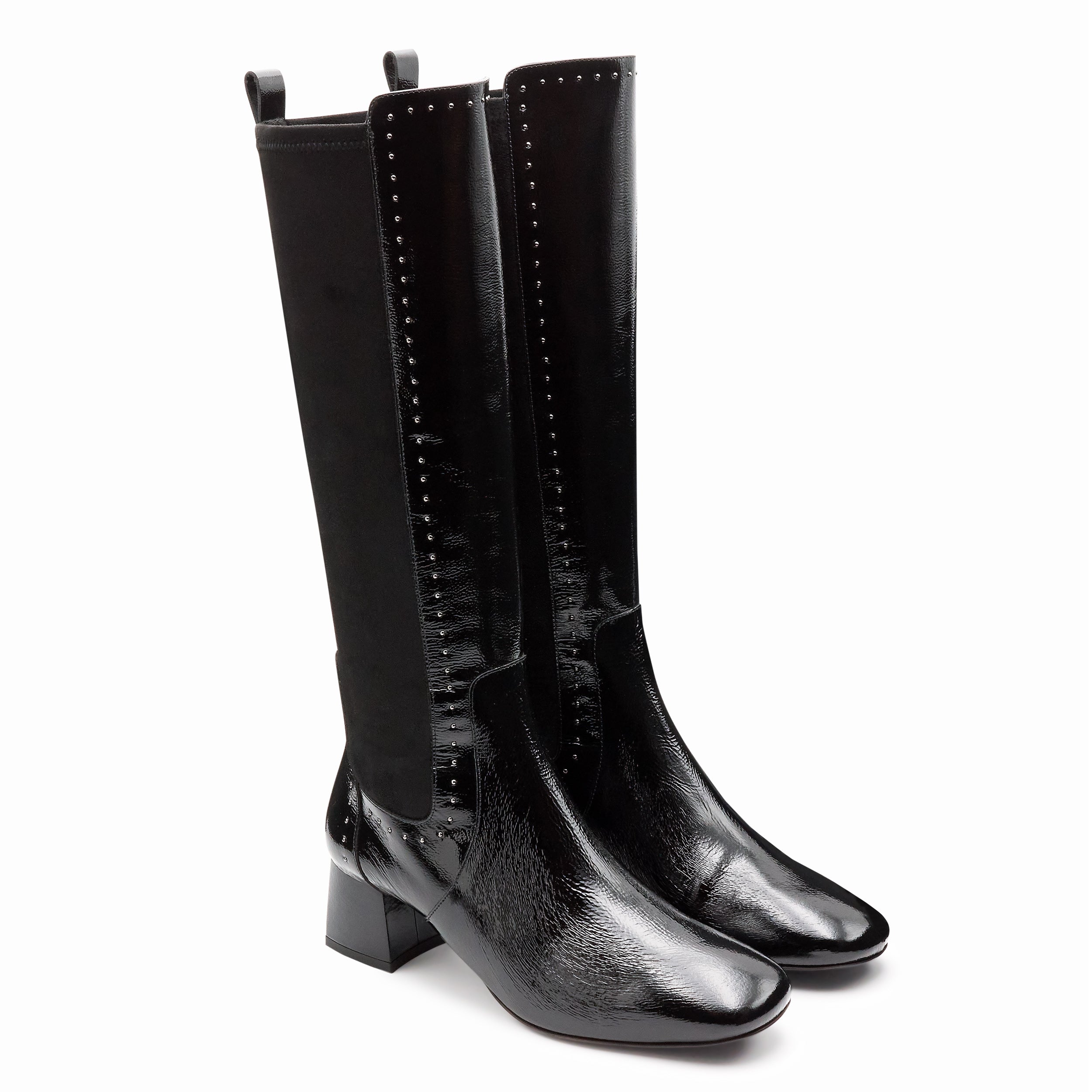 Botas altas de charol y gamuza con tacón para dama