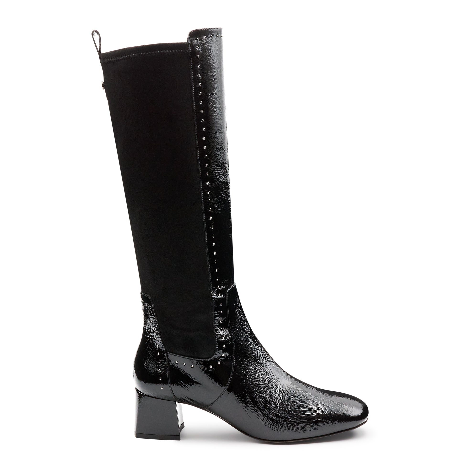 Botas altas de charol y gamuza con tacón para dama