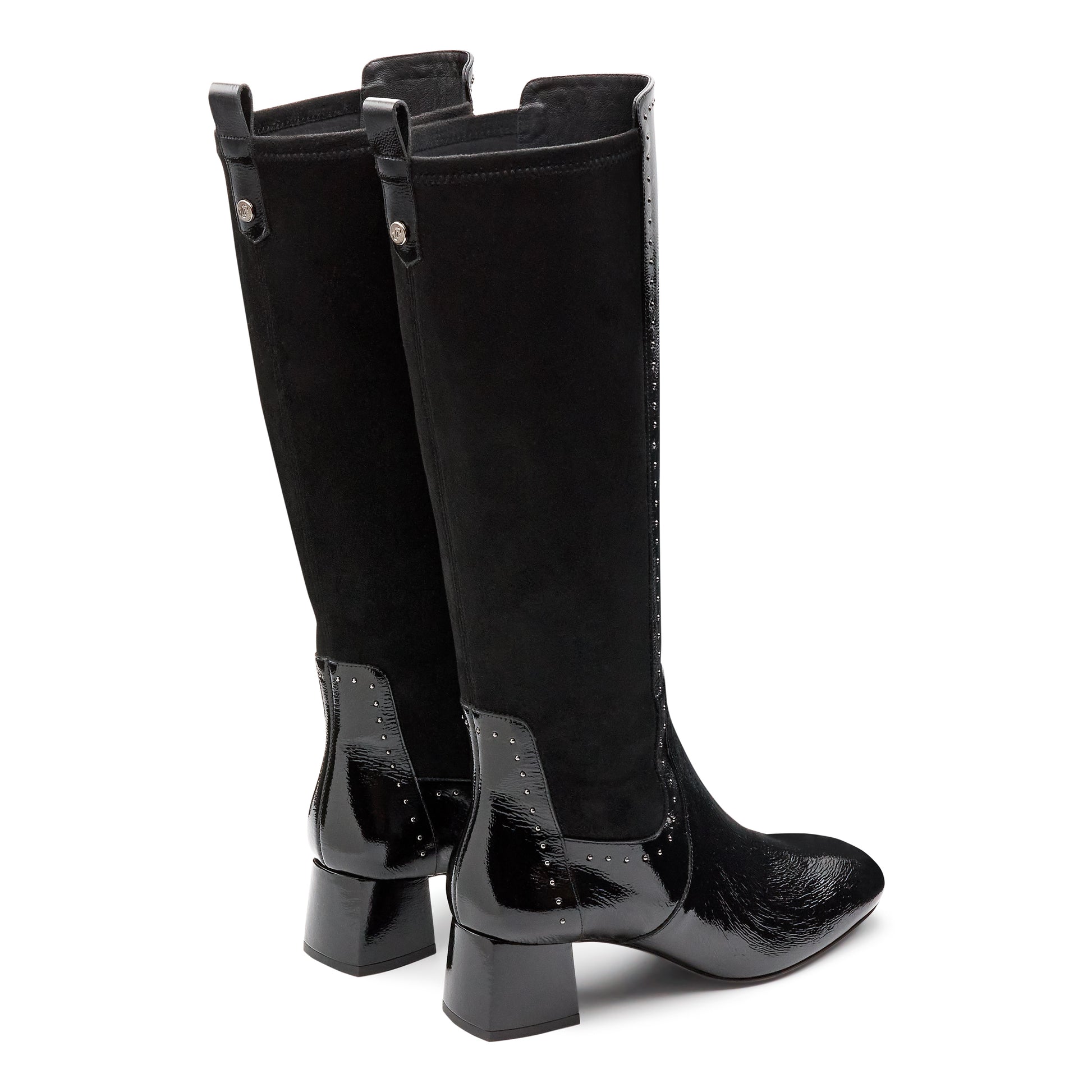 Botas altas de charol y gamuza con tacón para dama