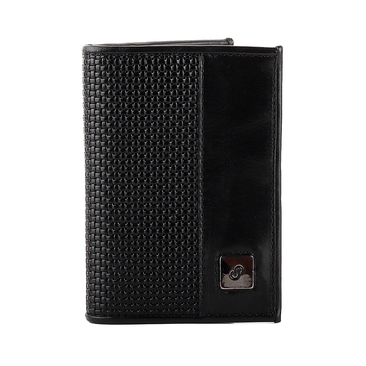 Tarjetero de piel trenzada con placa metálica