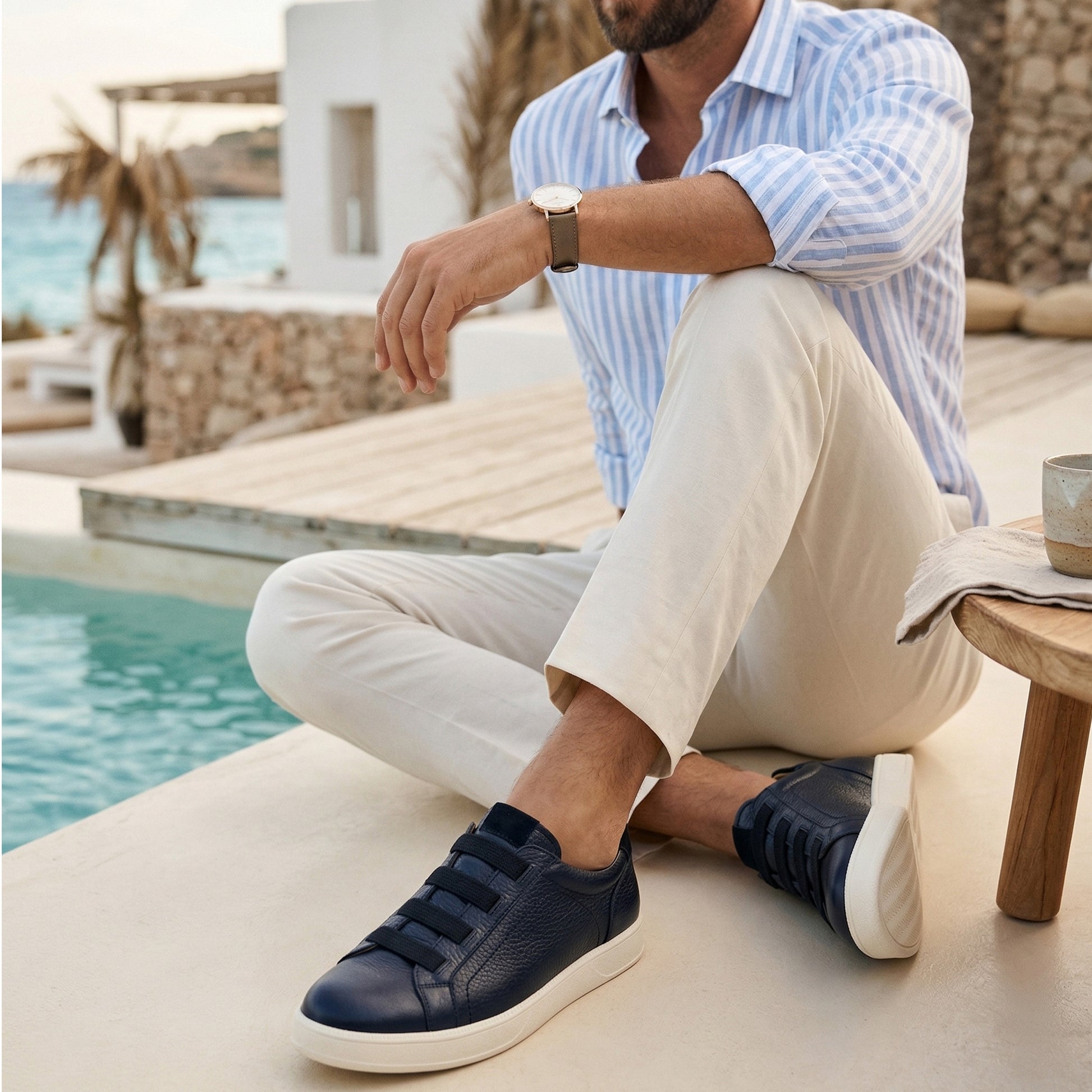 Tenis de piel azul ajuste elástico para caballero