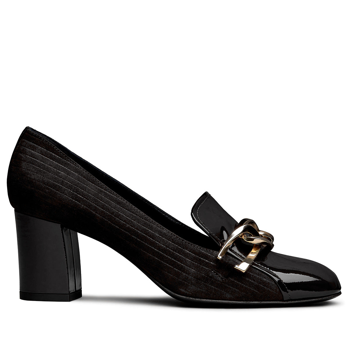 Zapatillas formales de tacón en charol y gamuza con hebilla para mujer