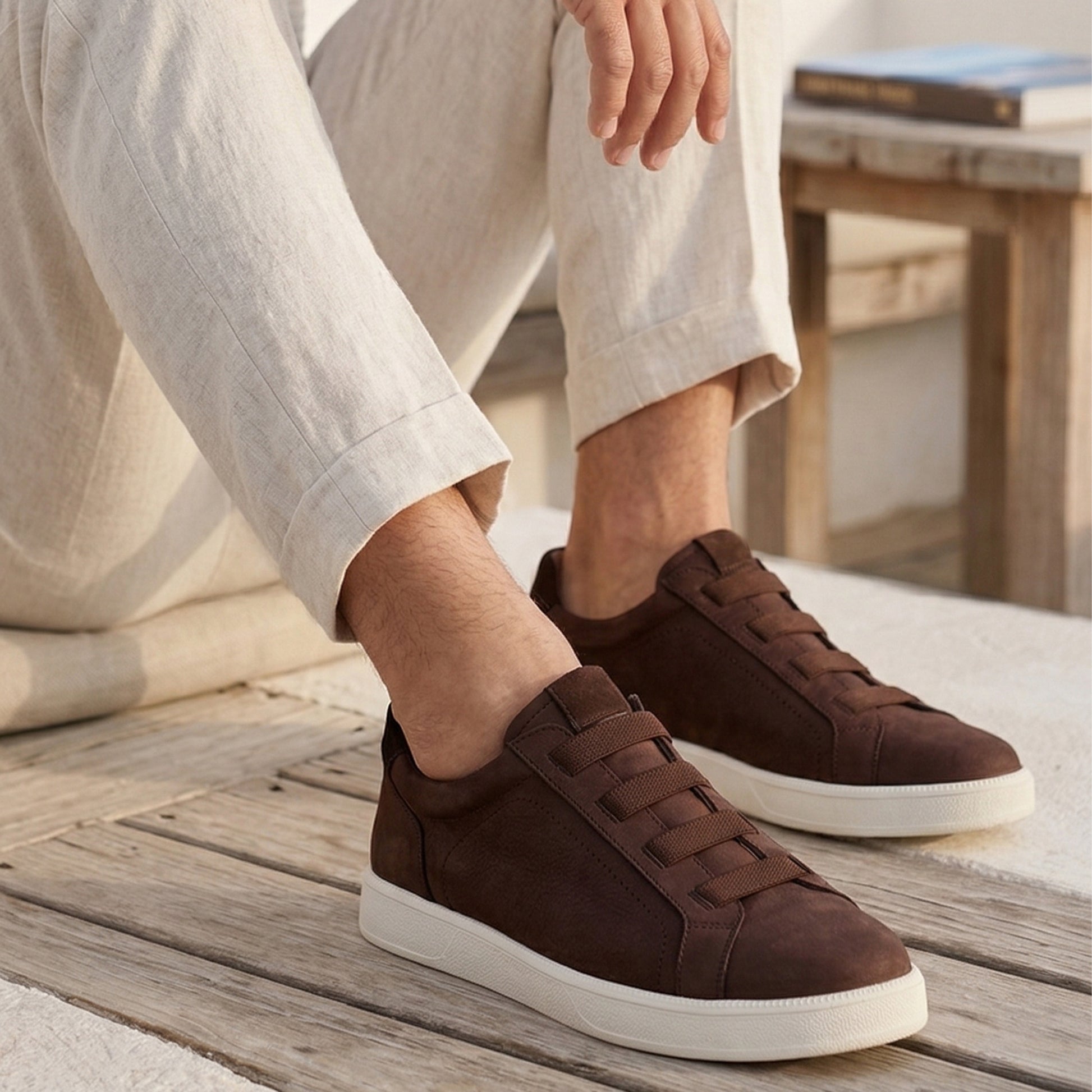 Tenis de piel con acabado en nubuck y ajuste elástico para caballero