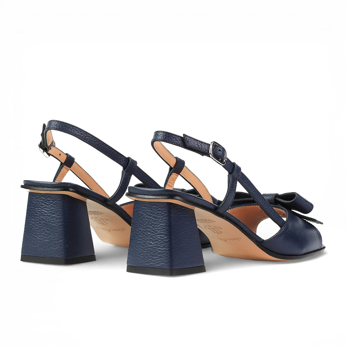 Sandalias de piel azul marino con moño en empeine  y tacón medio para mujer