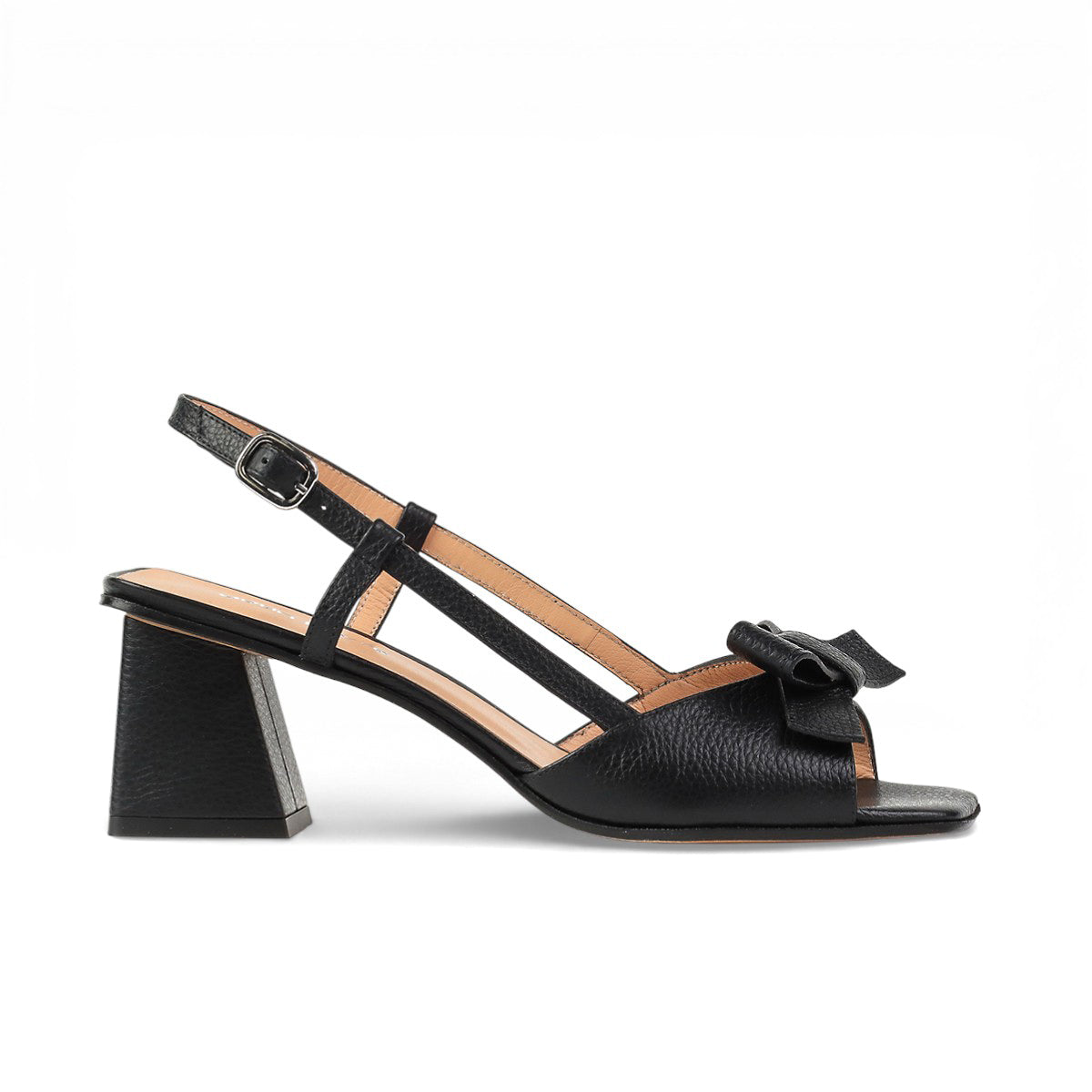 Sandalias de piel negras con moño en empeine y tacón medio para mujer