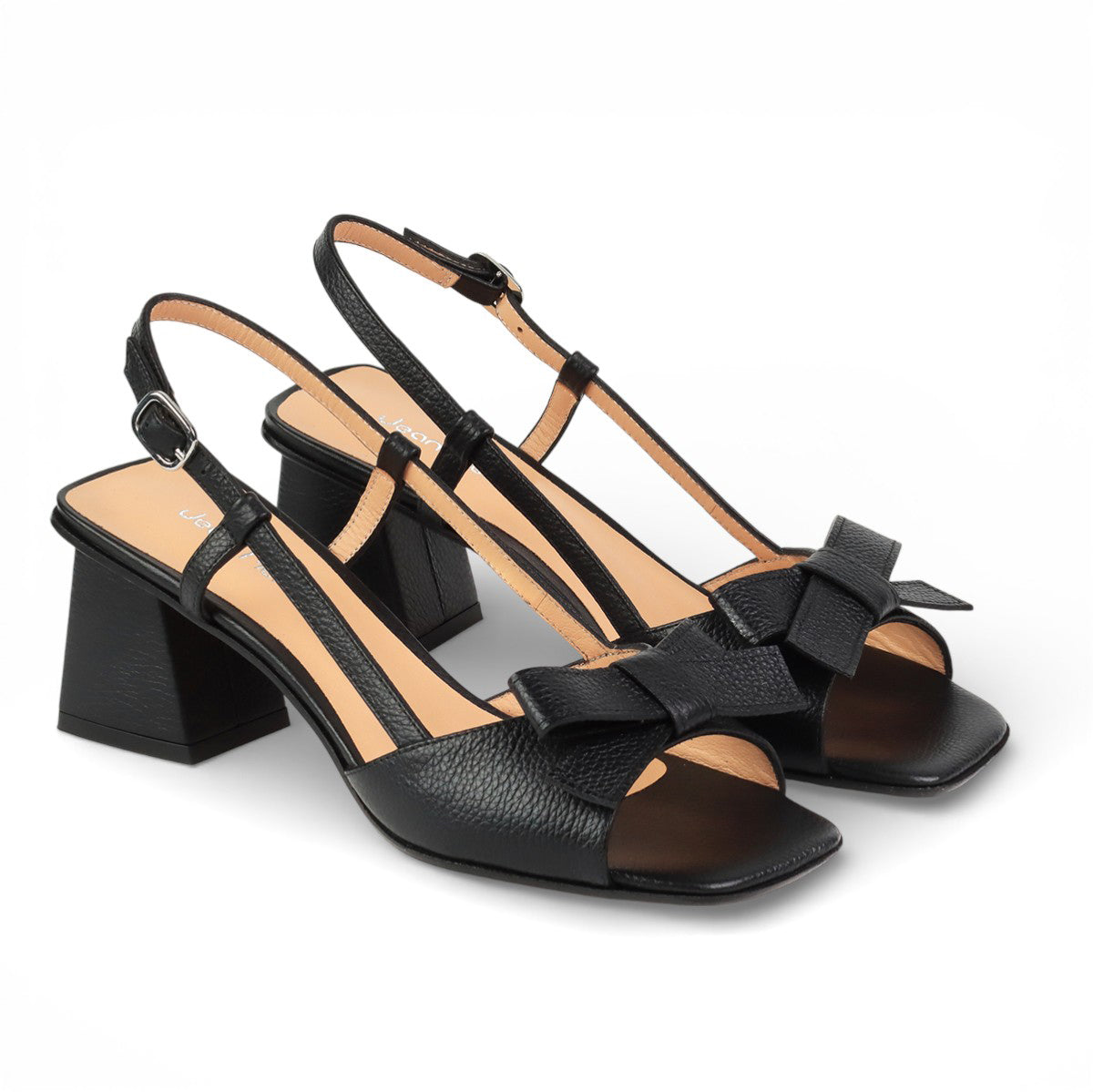 Sandalias de piel negras con moño en empeine y tacón medio para mujer