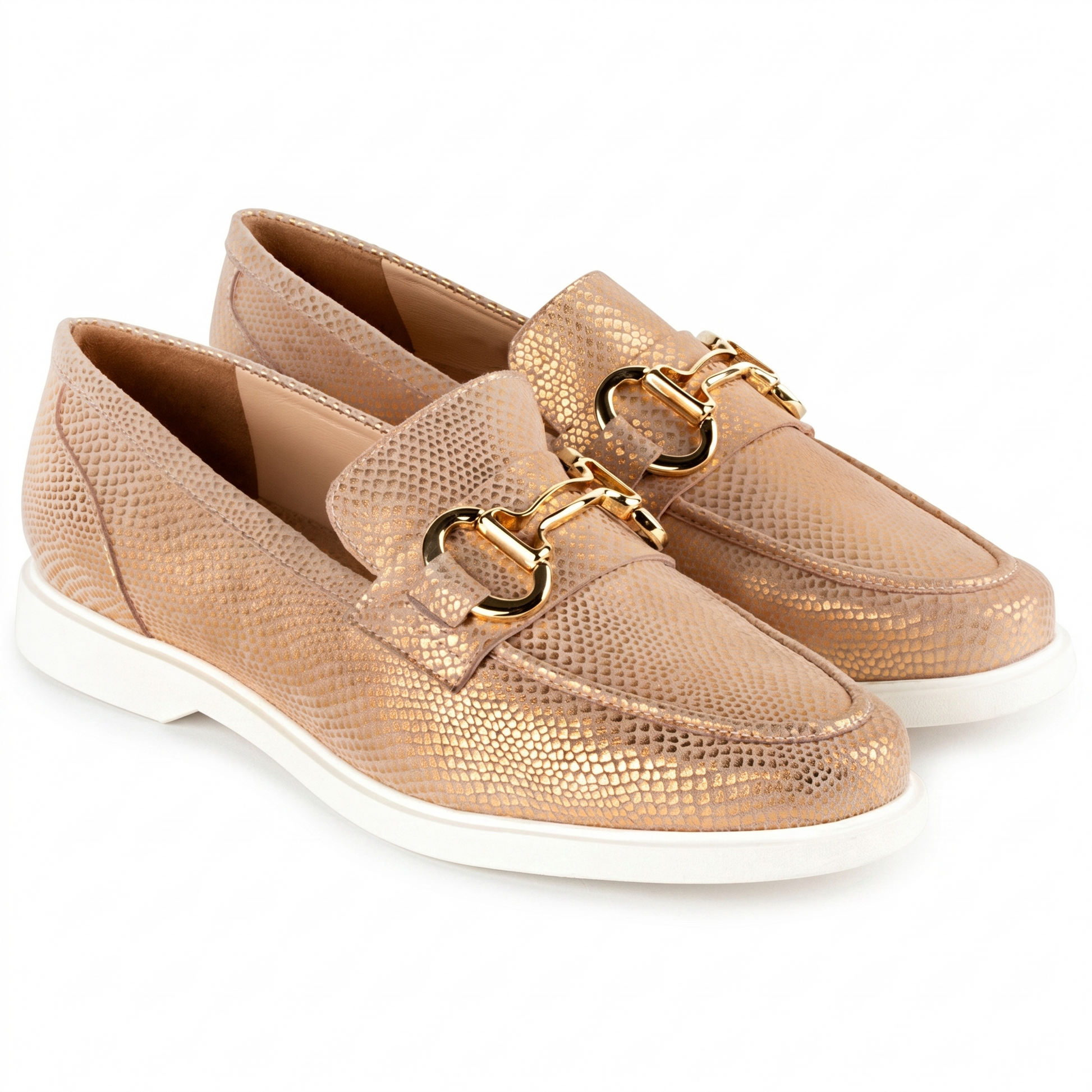 Mocasines de piel texturizada con hebilla para mujer color rosa oro metálico