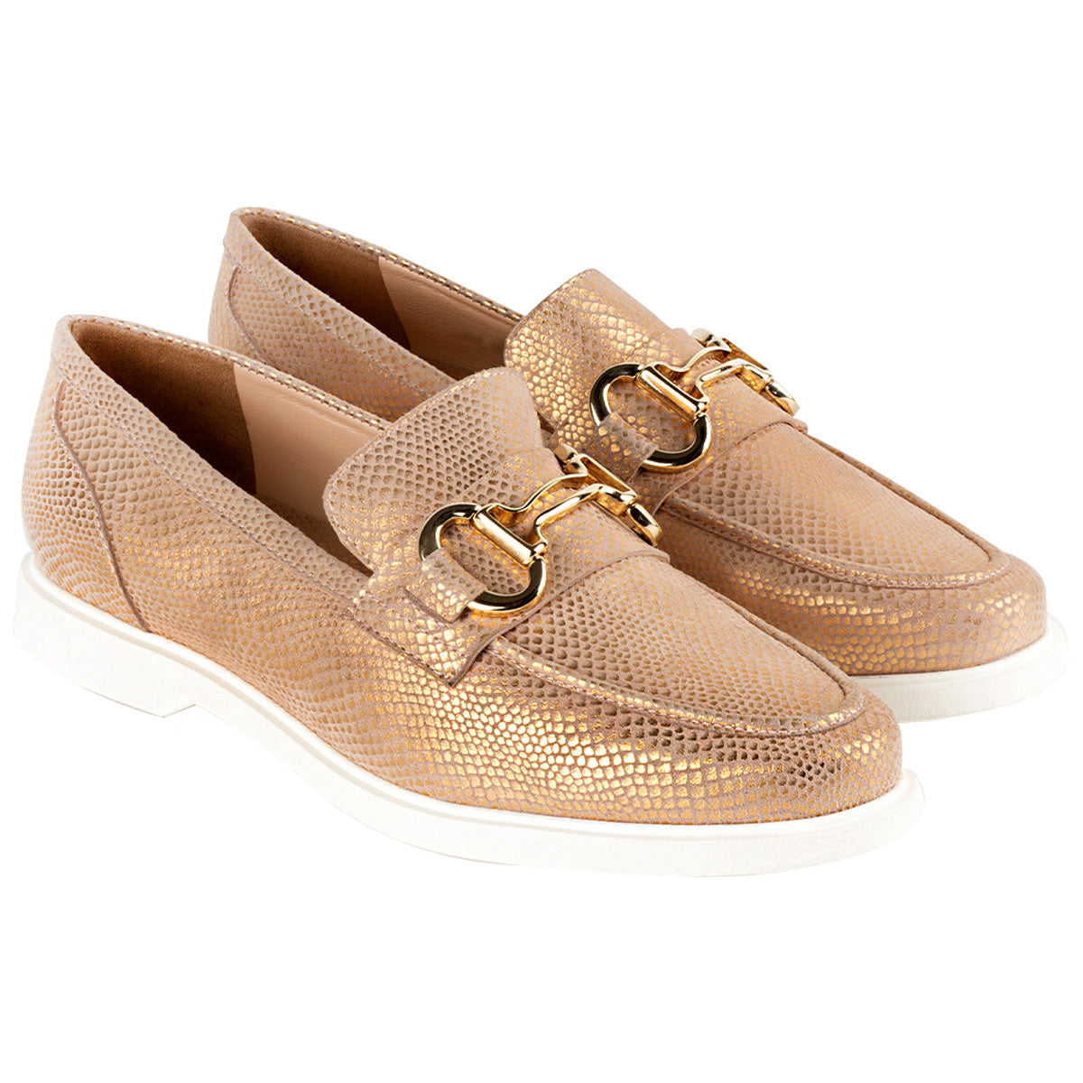 Mocasines de piel texturizada con hebilla para mujer color rosa oro metálico