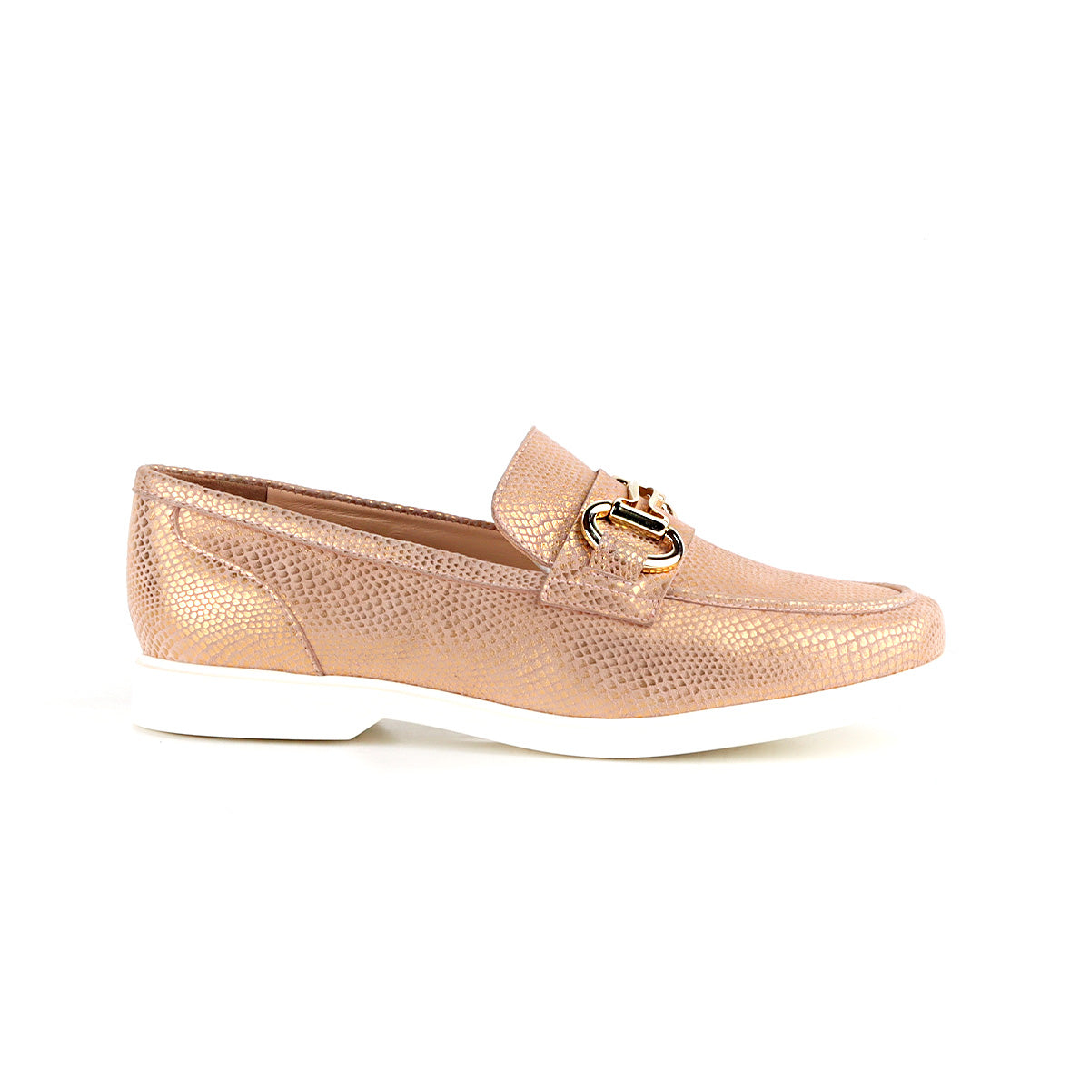 Mocasines de piel texturizada con hebilla para mujer color rosa oro metálico
