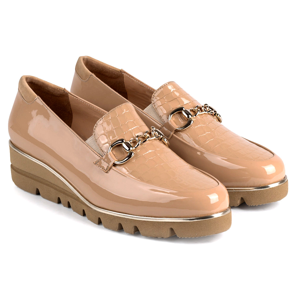 Mocasines de charol y ante con hebilla y suela confort para dama