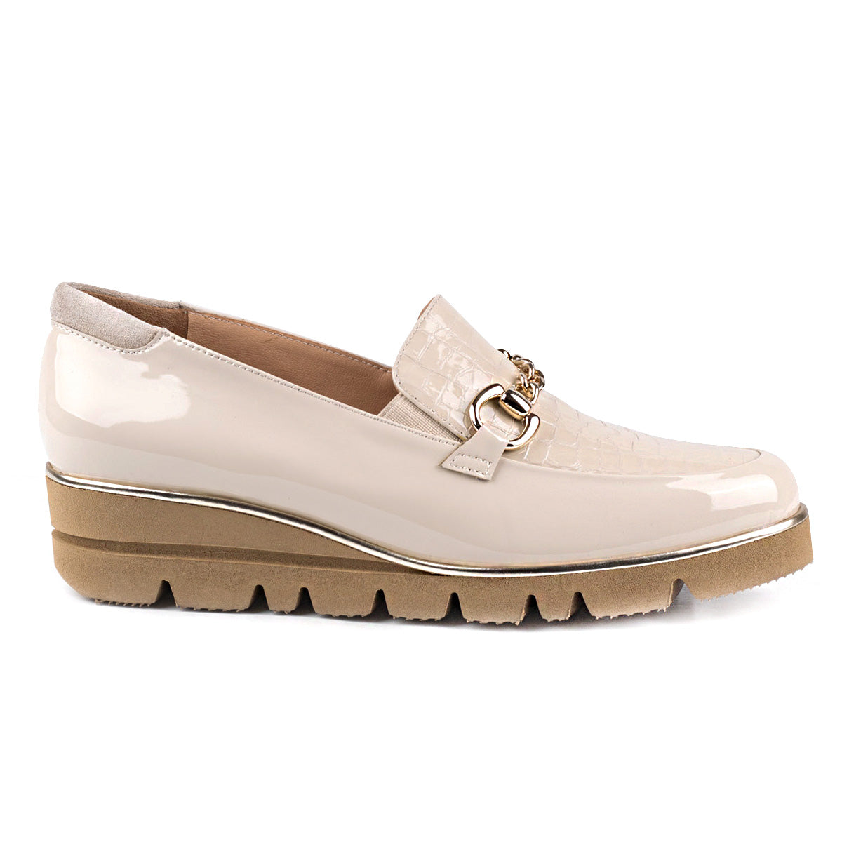 Mocasines de charol y ante con hebilla y suela confort para dama