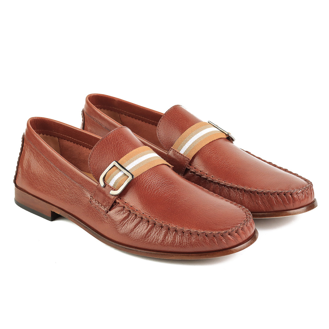 Mocasines de piel con detalle textil y hebilla lateral para caballero