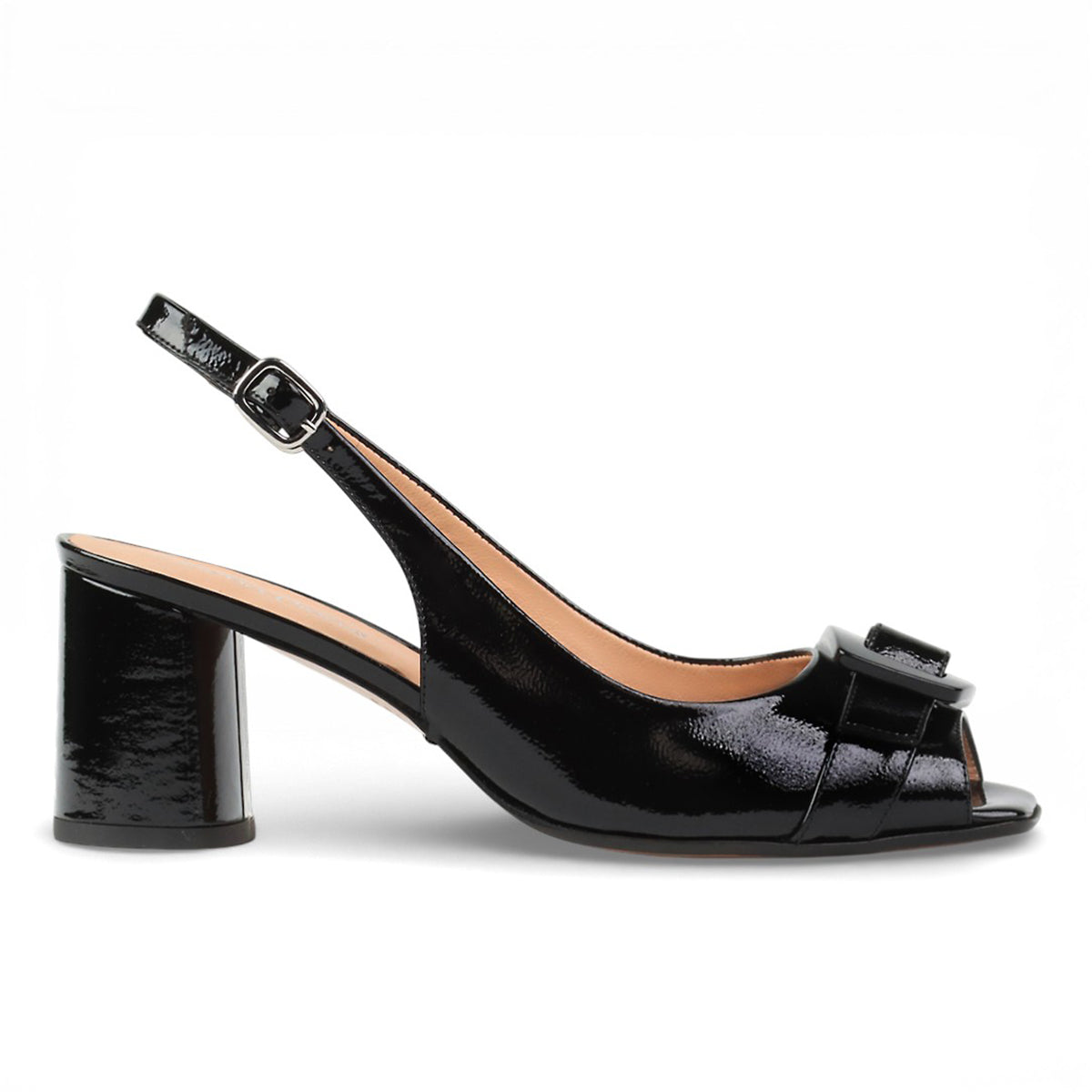 Sandalias peep-toe en charol con hebilla para dama