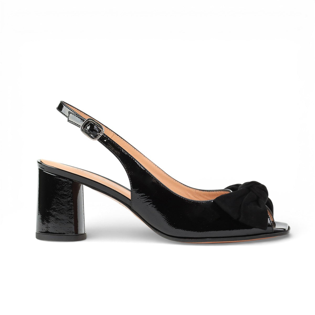 Sandalias negras peep-toe de piel con lazo atipo moño para dama