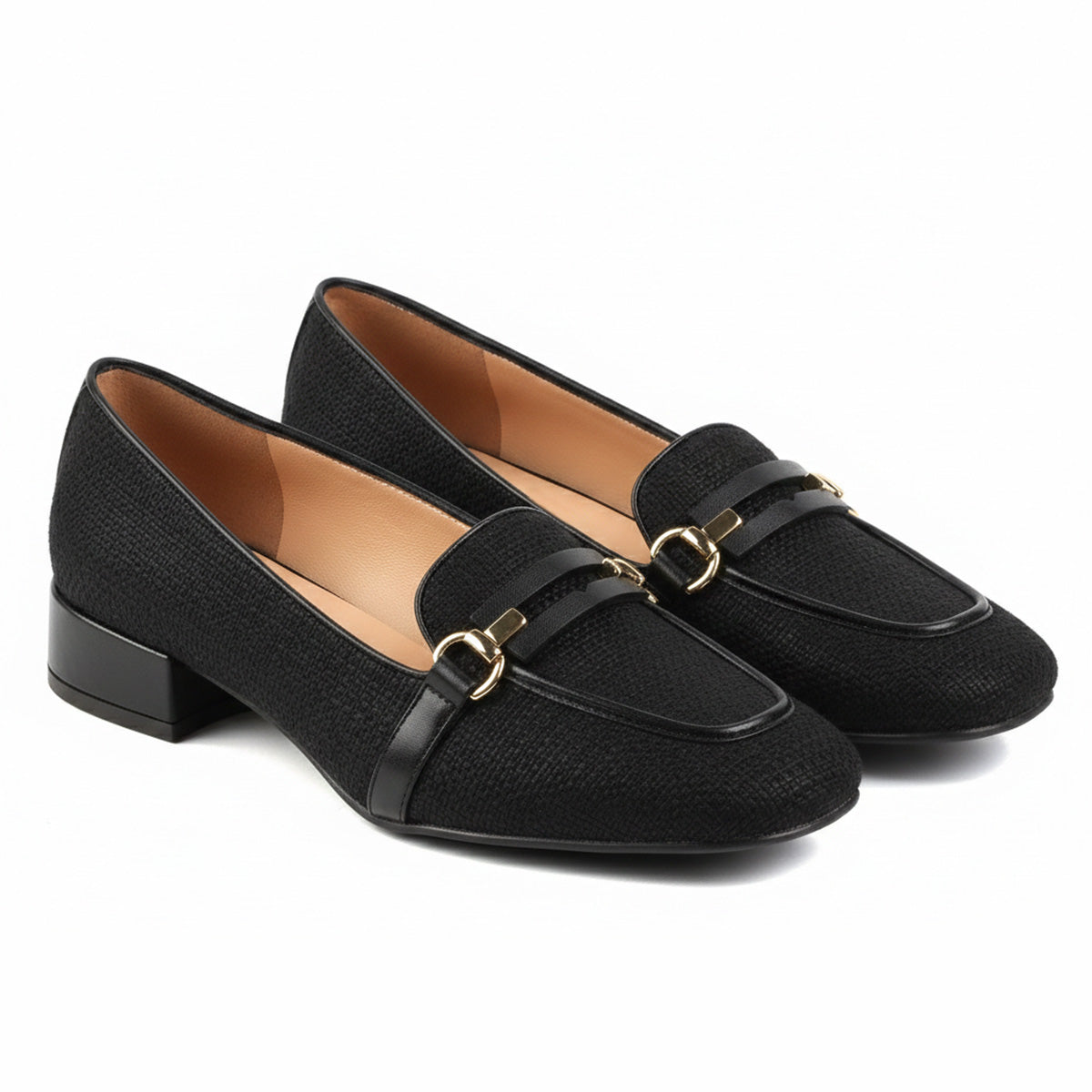 Mocasines confortables de piel y textil con hebilla para dama