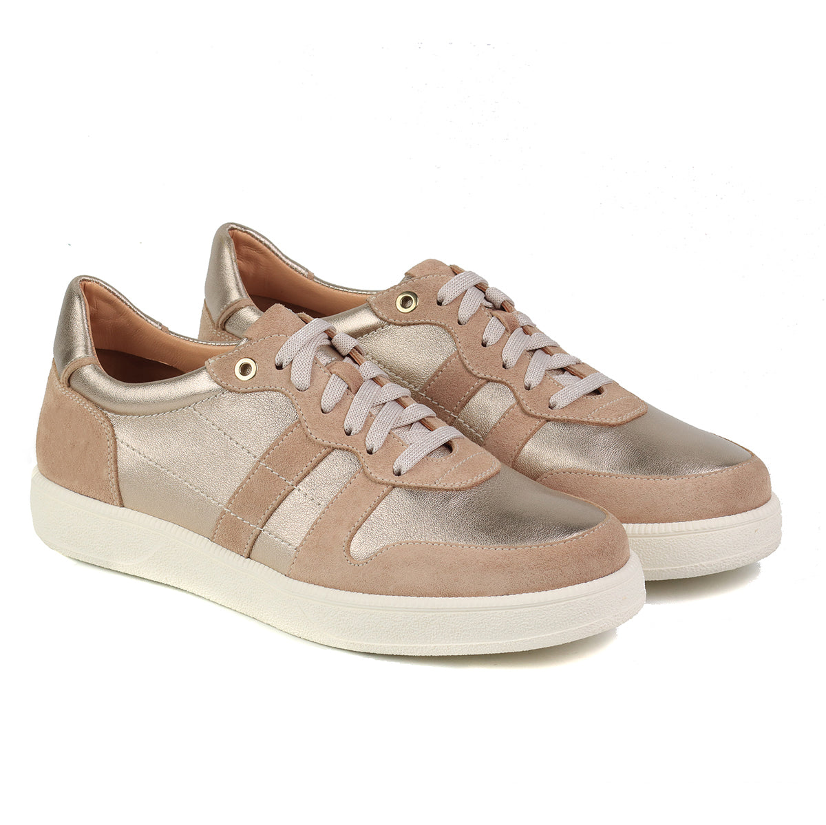 Tenis de piel y gamuza con efecto metalizado para dama