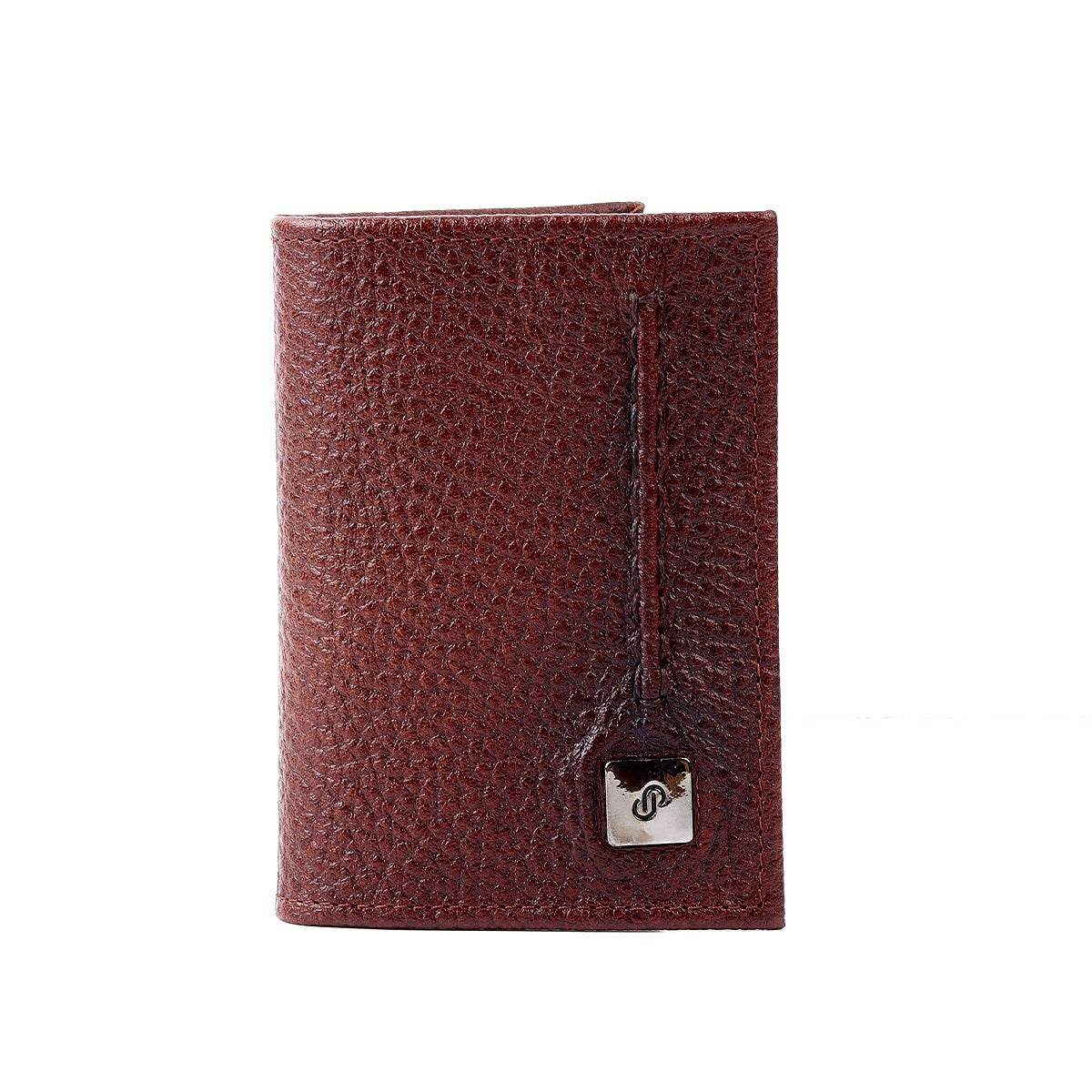 Tarjetero de piel café con costura exterior para hombre