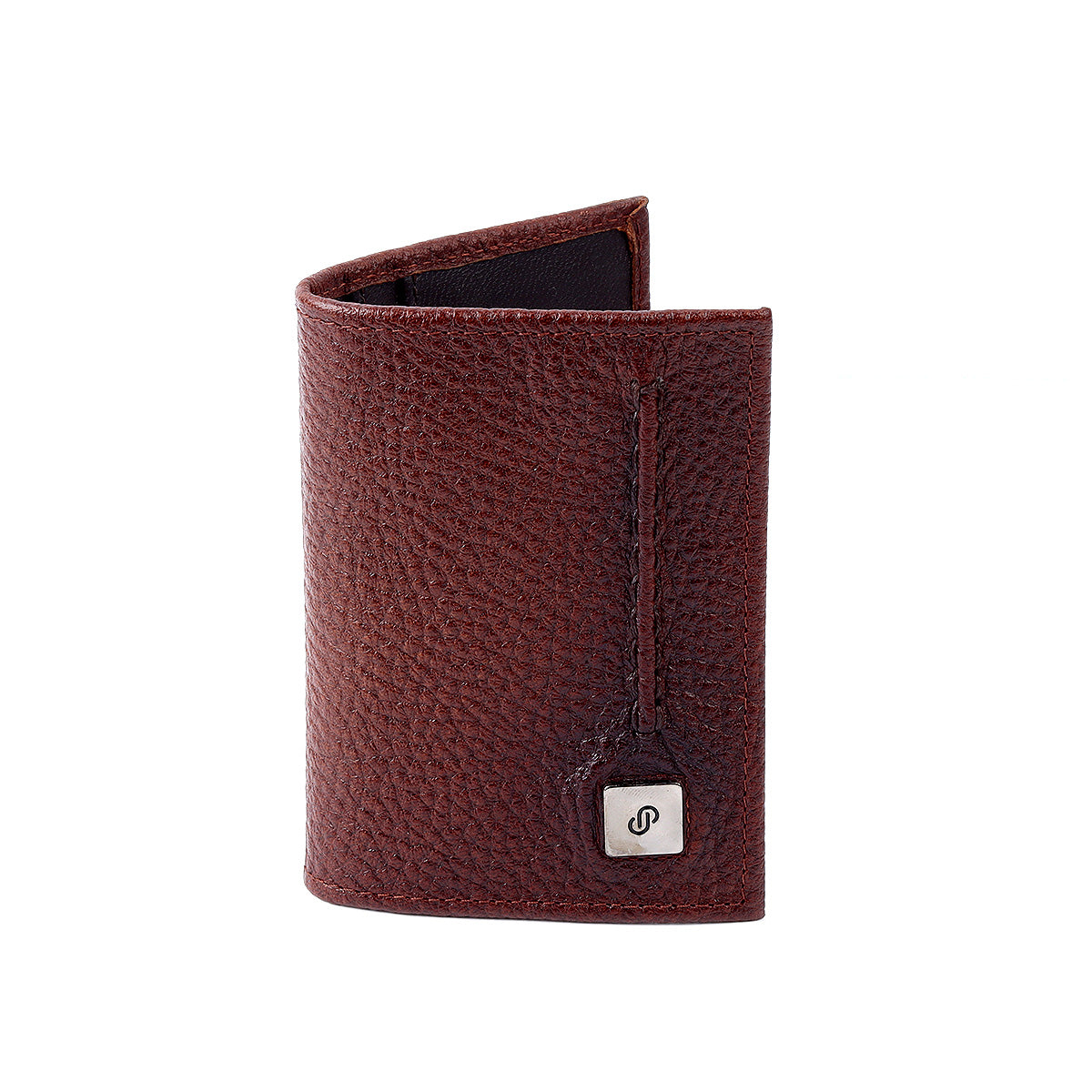 Tarjetero de piel café con costura exterior para hombre