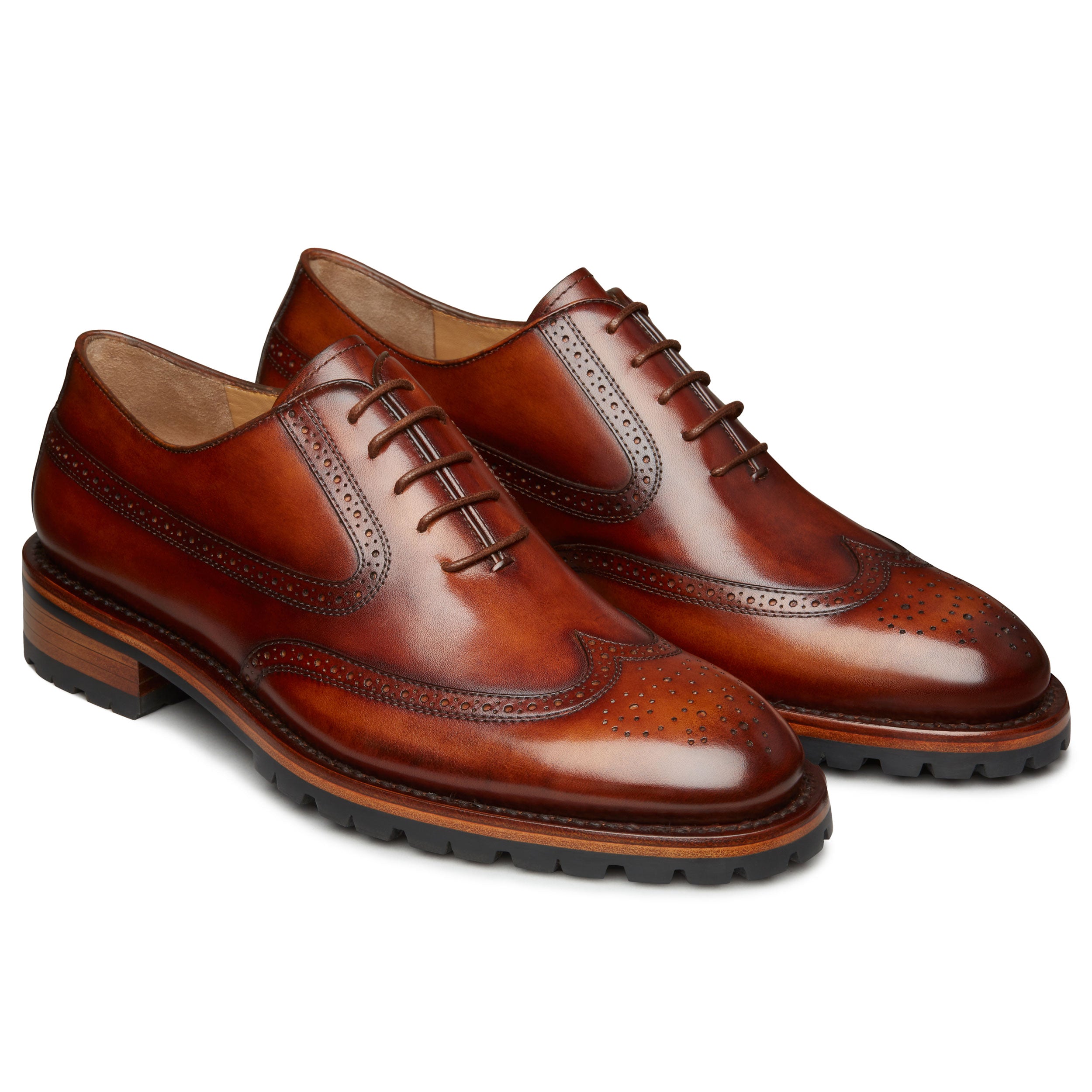Zapatos oxford de piel goodyear welt con suela vibram, pintados a mano y perforaciones (full brogue) para hombre